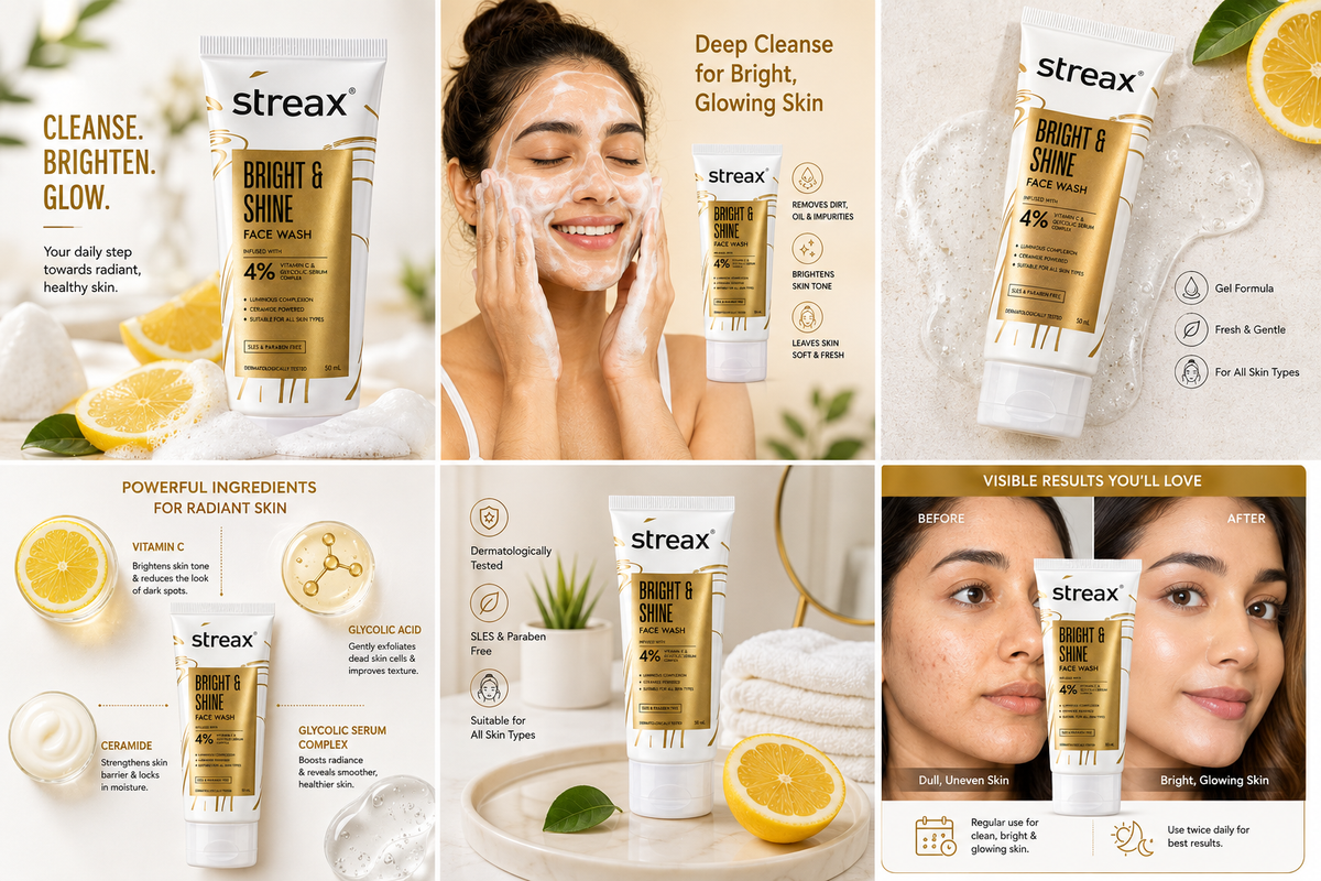 Streax Bright & Shine Face Wash with 4% Vitamin C & Glycolic Serum Complex, Ceramide, Deep Cleansing & Skin Brightening Face Cleanser, SLES & Paraben Free, 50 ml