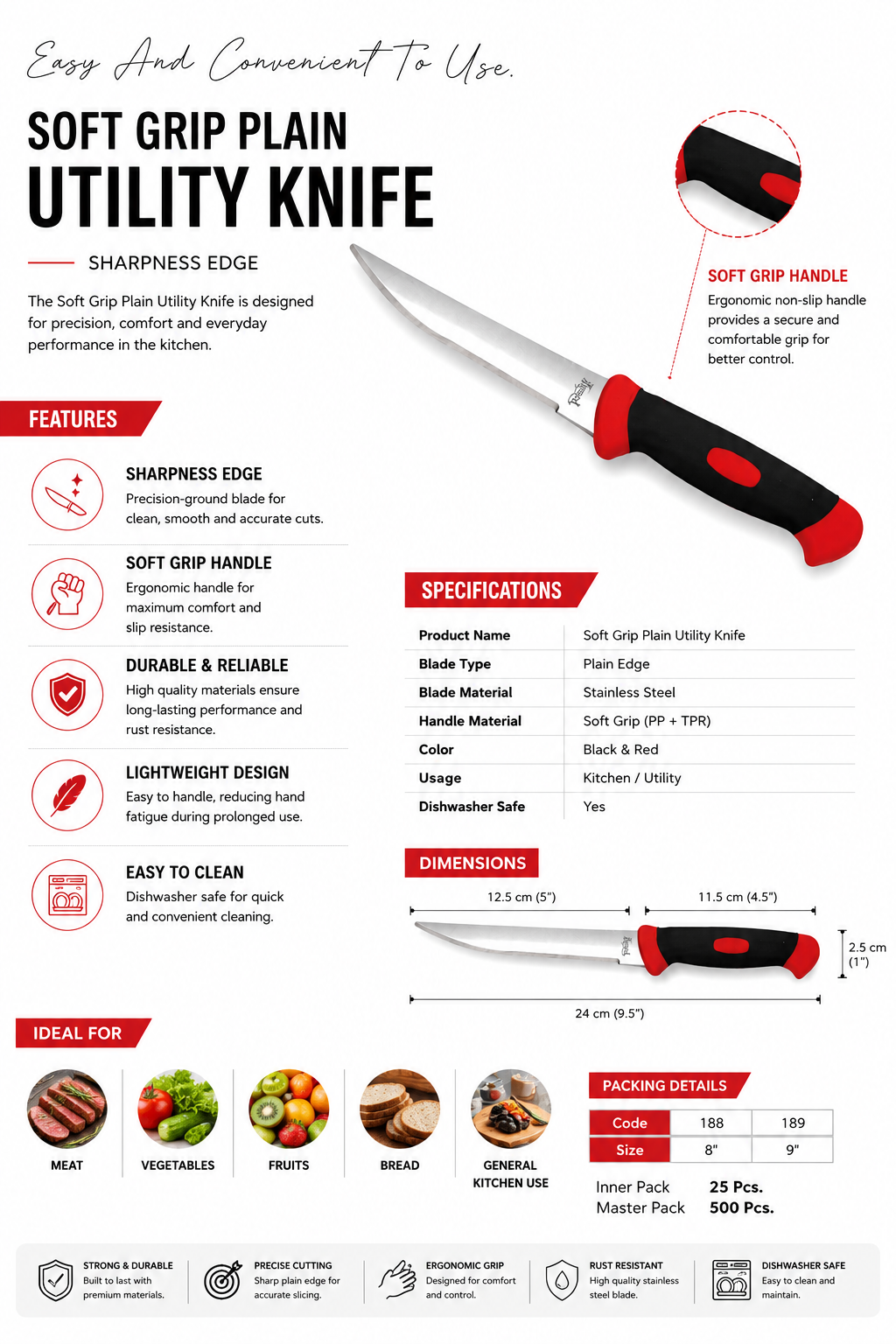 Royal Soft Grip Plain Utility Knife 8 Inch / 9 Inch | Stainless Steel Kitchen Knife with Ergonomic Non-Slip Handle | Sharp Plain Edge Utility Knife for Meat, Vegetables, Fruits & Everyday Kitchen Use
