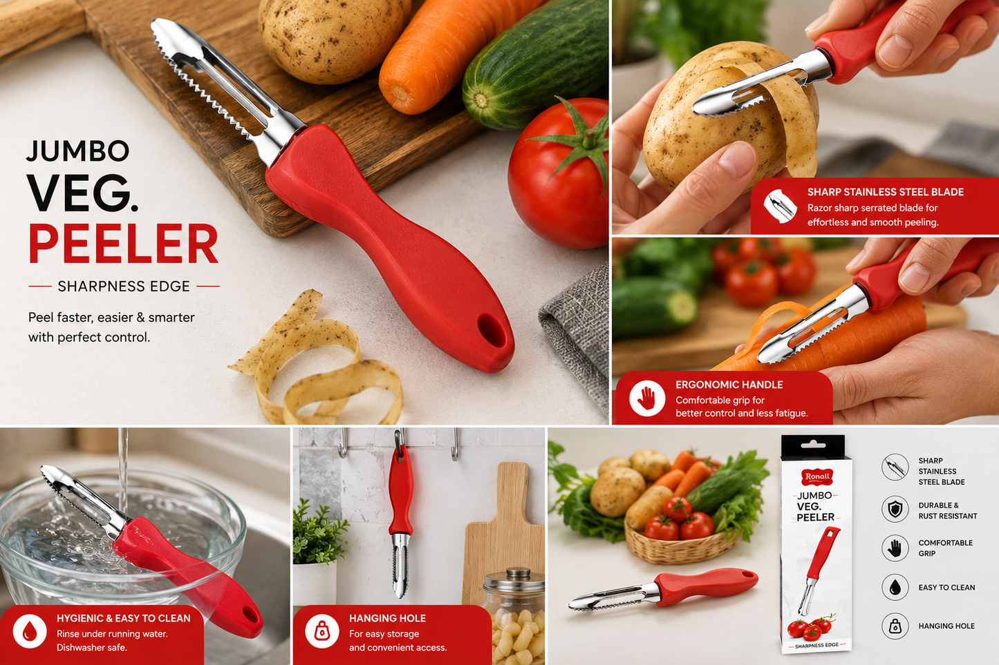Royal Jumbo Vegetable Peeler, Stainless Steel Serrated Blade Fruit & Veg Peeler, Ergonomic Handle, Rust Resistant Kitchen Peeler for Potato, Carrot, Cucumber, Apple & Fruits, Red