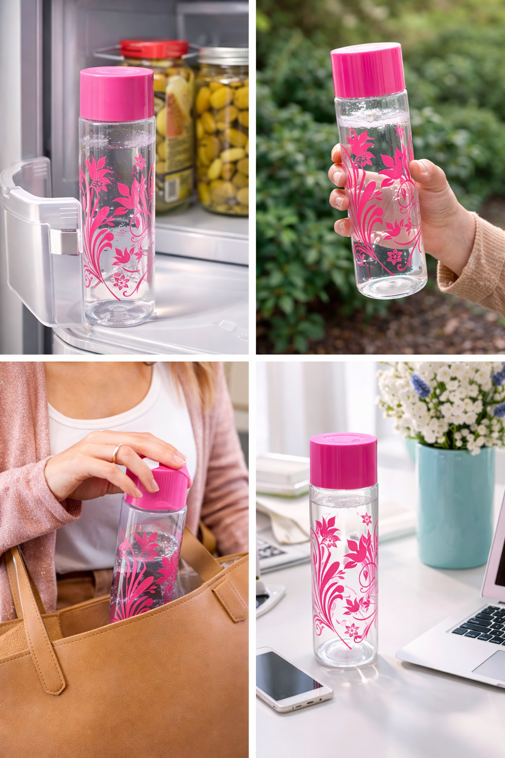 16 Oz Water Bottle with Pink Floral Design – BPA-Free Leak-Proof Plastic Bottle with Screw Cap – Reusable Transparent Drinking Bottle for Gym, Office, School & Travel