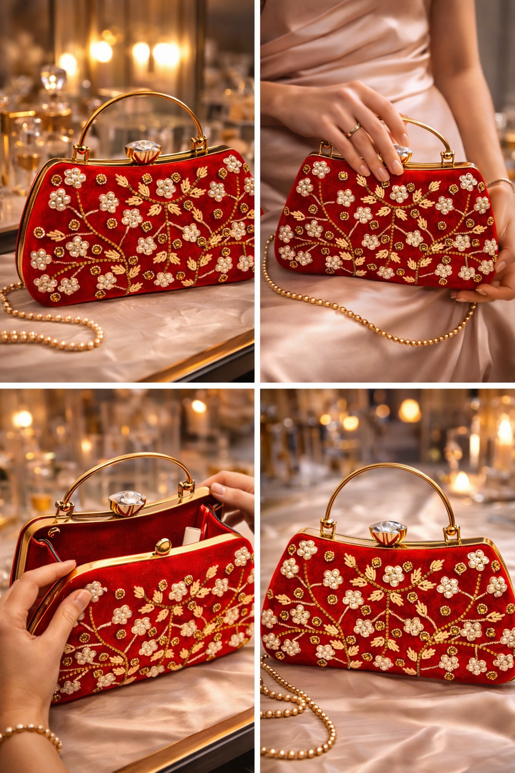 Red Velvet Evening Handbag for Women | Luxury Embroidered Clutch with Pearl & Crystal Design |