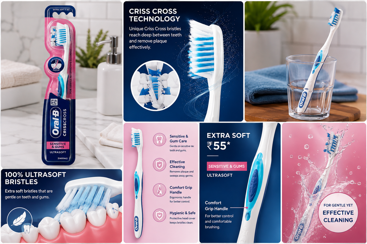 Oral-B CrossAction Sensitive & Gums Ultrasoft Toothbrush, Extra Soft Bristles for Gentle Cleaning, Sensitive Teeth & Gum Care, Ergonomic Comfort Grip Handle with Protective Head Cover