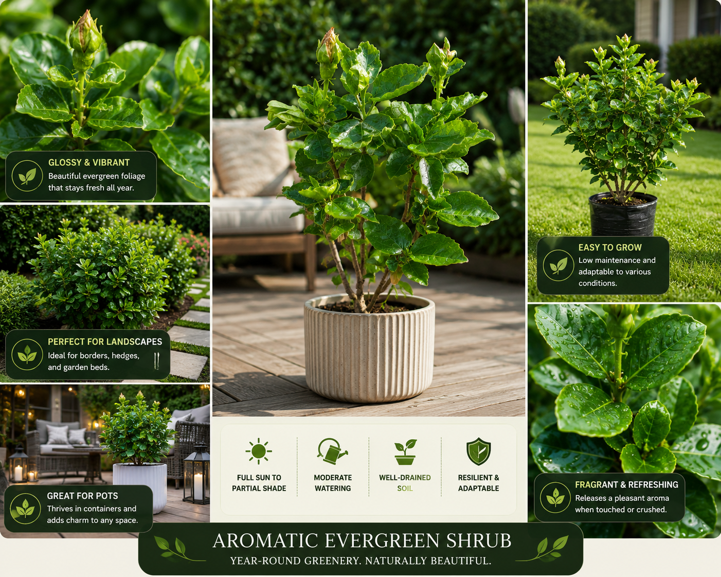 Aromatic Evergreen Shrub Live Plant | Glossy Green Fragrant Foliage Plant for Hedges, Borders, Patios & Landscaping | Low Maintenance Tropical Shrub