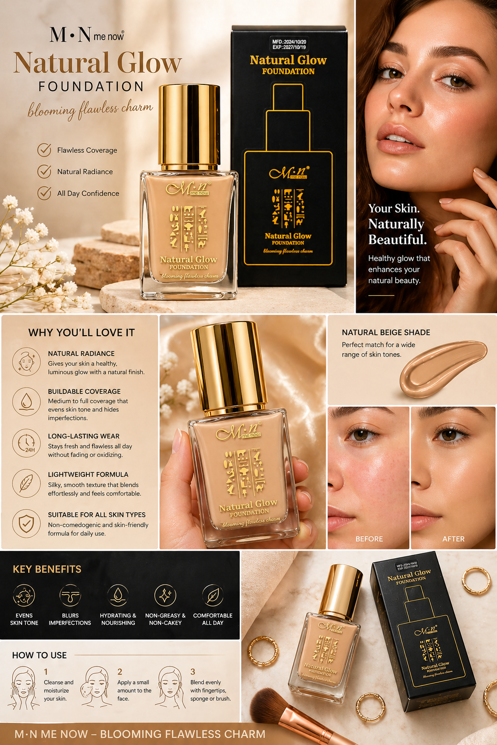 M·N Me Now Natural Glow Foundation - Liquid Foundation for Flawless Coverage & Natural Radiance