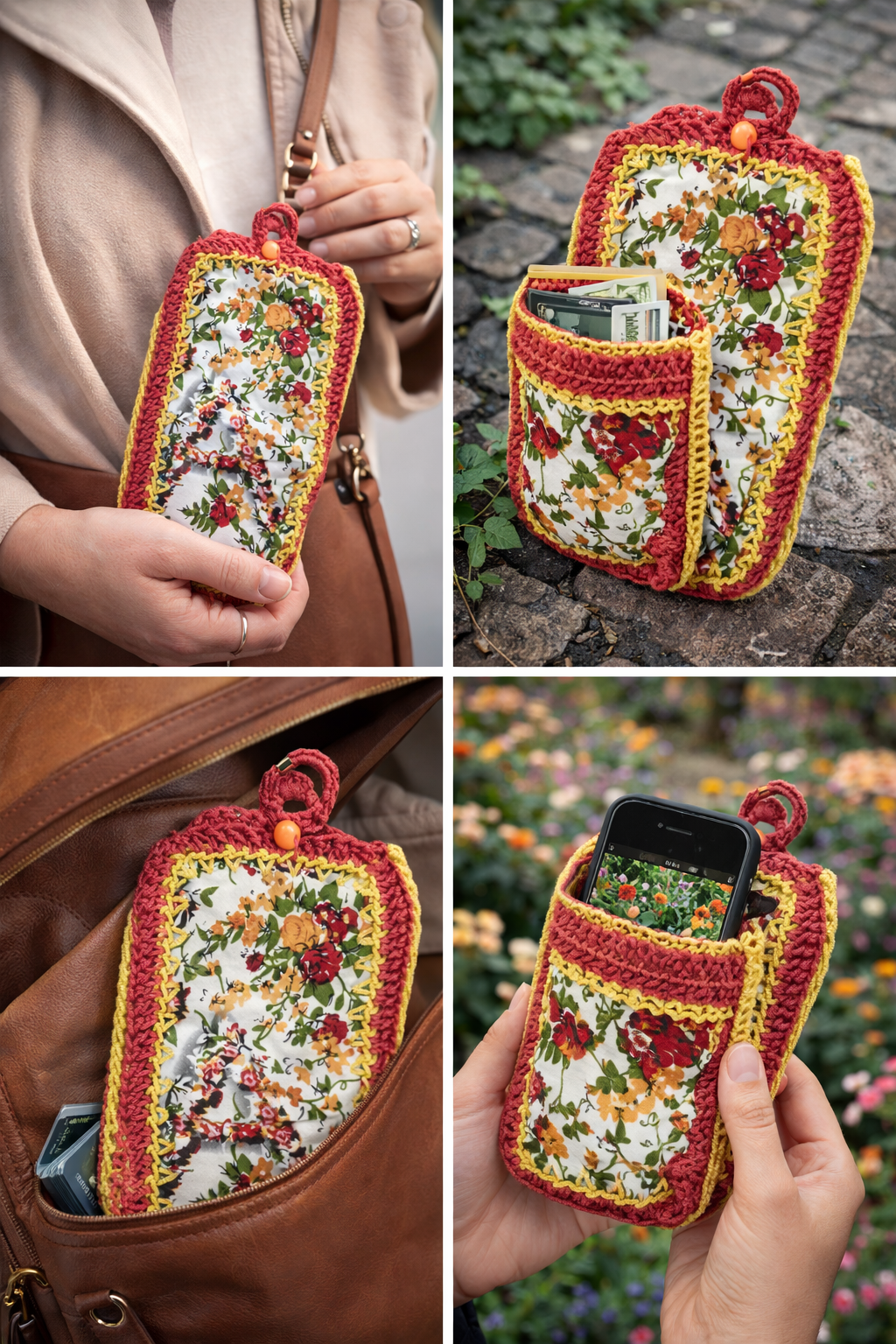 Handmade Crochet Phone Pouch for Women, Floral Fabric Mobile Cover with Side Pocket, Bead Closure and Colorful Yarn Design, Multicolor