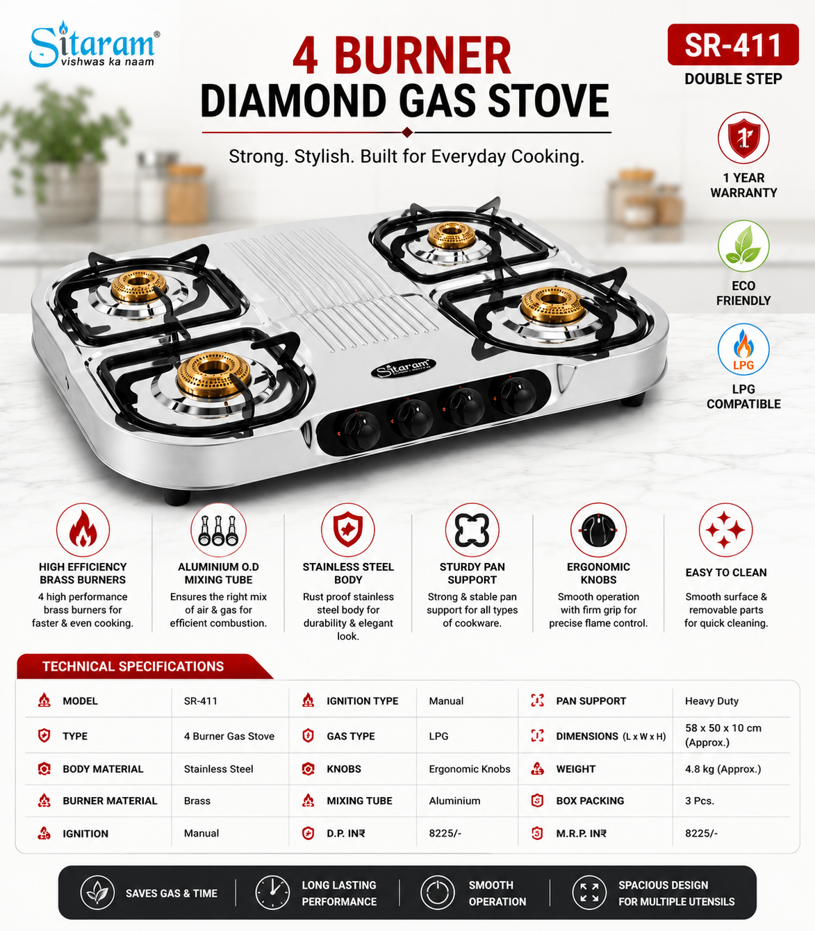 Sitaram SR-411 Diamond 4 Burner Gas Stove | Stainless Steel Body | Brass Burners | Heavy Duty Pan Support | Manual Ignition LPG Gas Stove | Silver