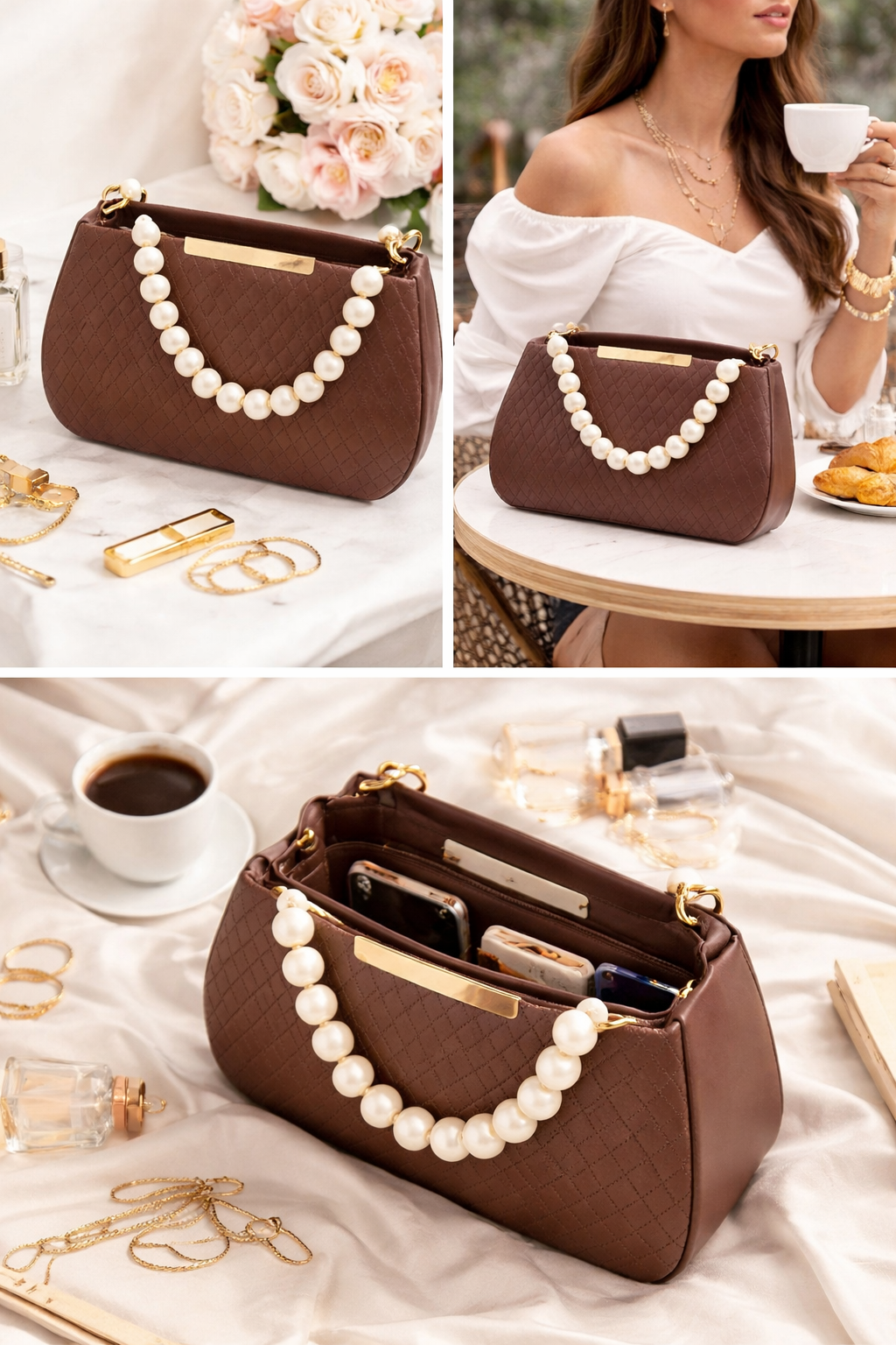 Quilted Faux Leather Handbag for Women with Pearl Handle | Stylish Shoulder Bag with Gold Hardware