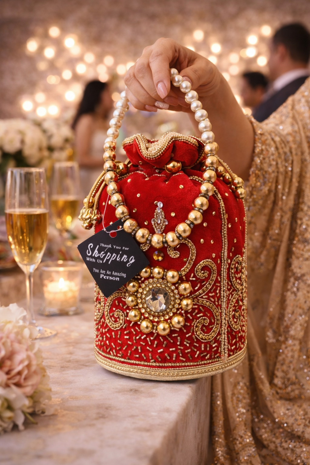 Red Velvet Potli Bag for Women, Embroidered Drawstring Clutch Purse with Pearl and Gold Bead Handle,