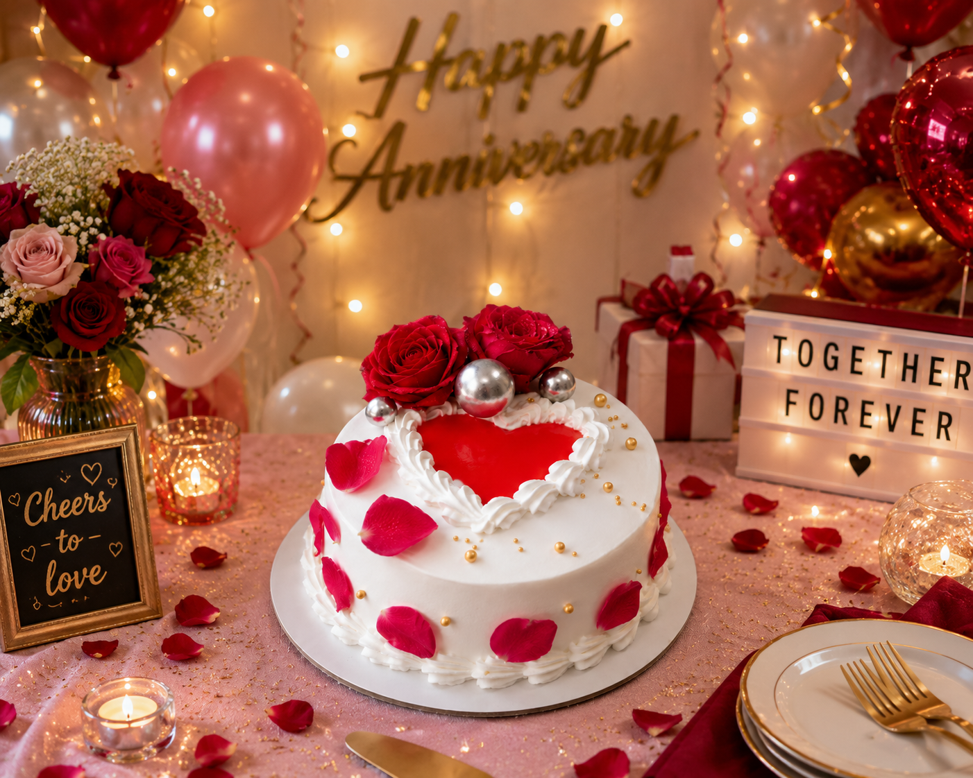 Heart Shape Birthday Cake ( 500 grams ) | Premium Celebration Cake Romantic Fresh Cream Cake with Red Roses |