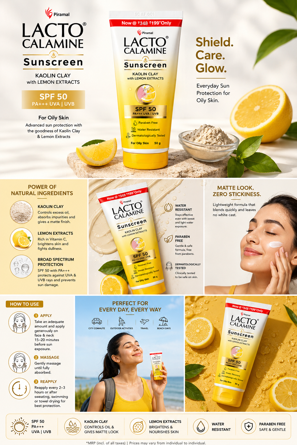 Lacto Calamine Sunscreen SPF 50 PA+++ for Oily Skin, Kaolin Clay & Lemon Extracts, UVA & UVB Protection, Oil Control Matte Finish, Water Resistant, Paraben Free, 50g