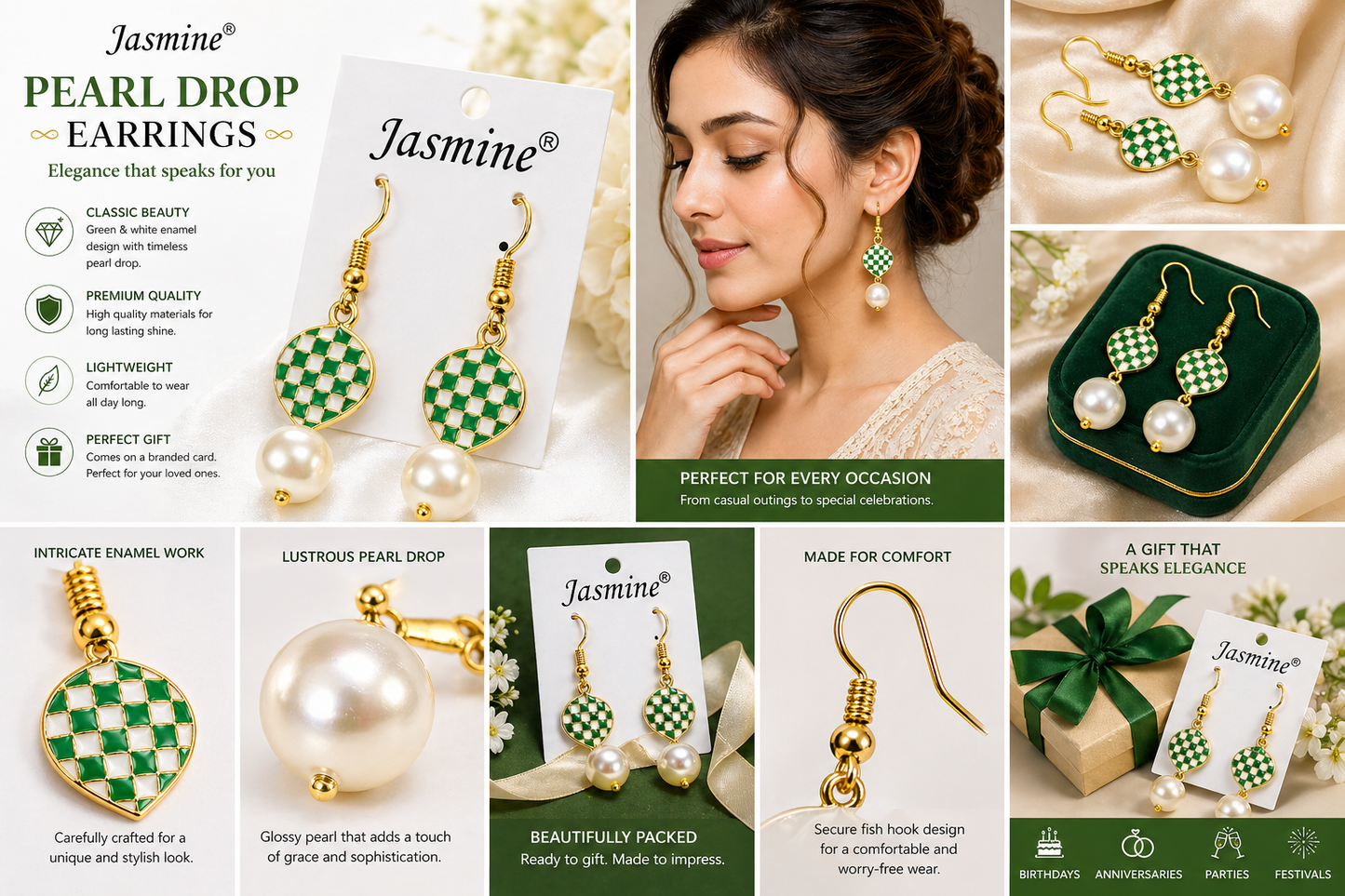 Jasmine Pearl Drop Earrings for Women, Green & White Enamel Gold Tone Dangle Earrings, Lightweight Fish Hook Earrings