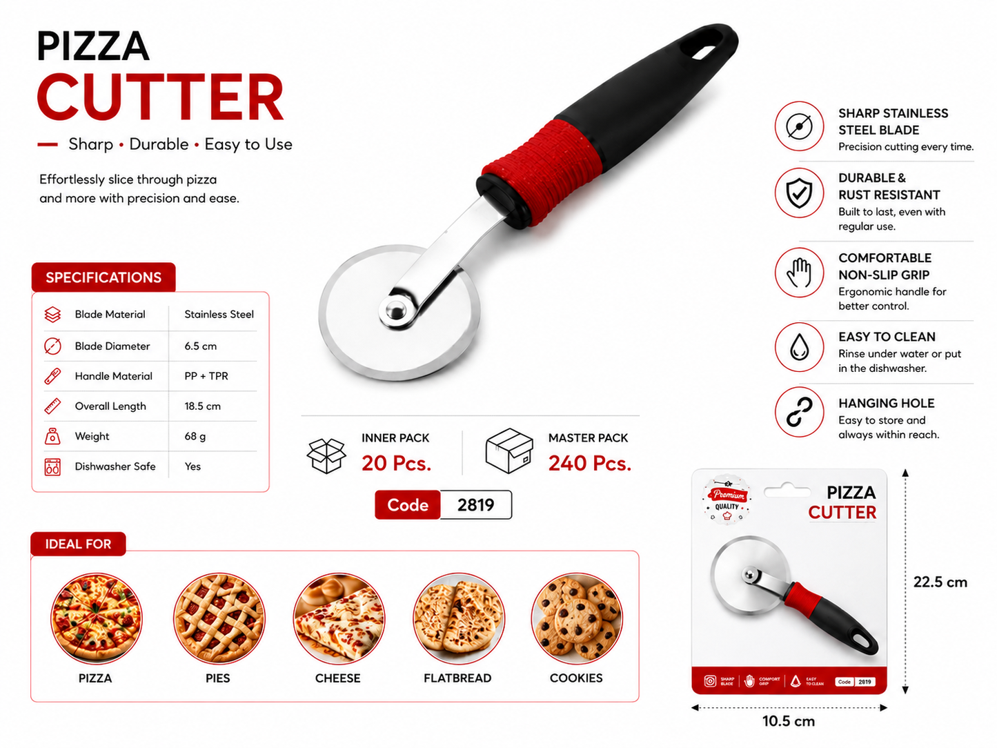 Royal Pizza Cutter Wheel, Stainless Steel Sharp Blade Pizza Slicer with Ergonomic Non-Slip Handle, Rust Resistant, Easy to Clean Pizza Cutter for Pizza, Pie, Flatbread, Cheese & Cookies