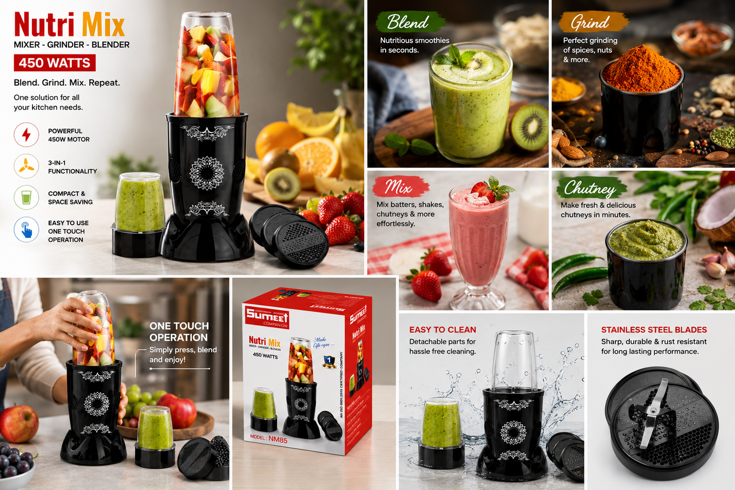 Sumeet Nutri Mix NM85 Mixer Grinder Blender 450 Watts | 3-in-1 Nutri Blender | High Speed Copper Motor | Stainless Steel Blades | Smoothie Maker & Spice Grinder | 1 Year Warranty