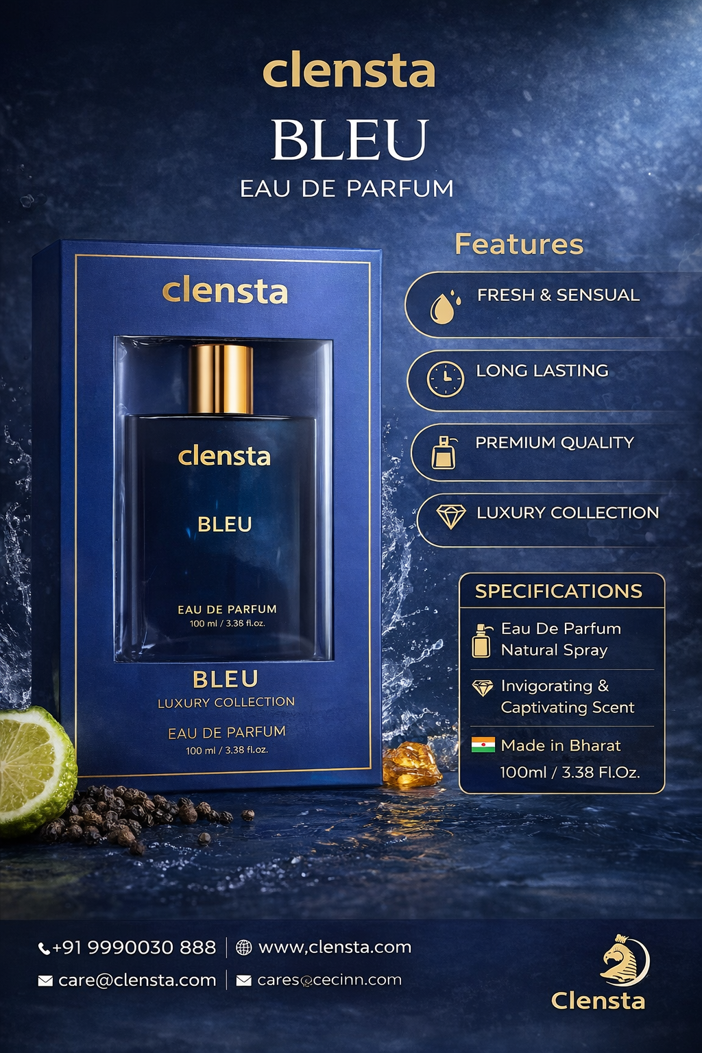 Clensta BLEU Eau De Parfum for Men 100ml – Long Lasting Fresh & Sensual Perfume | Premium Luxury Fragrance | Daily Wear & Party Use