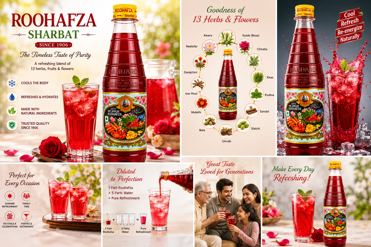 Hamdard Roohafza Sharbat Syrup, Rose Flavoured Herbal Drink Concentrate, Perfect for Milk, Lassi, Falooda & Summer Drinks, 800 ml
