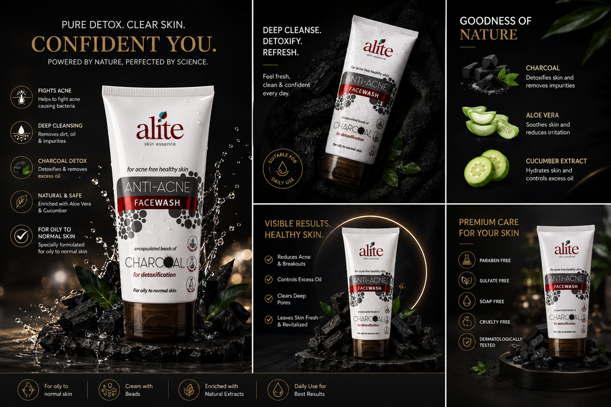 Alite Anti-Acne Facewash with Charcoal, Aloe Vera & Cucumber Extract, Deep Cleansing & Oil Control Face Wash for Oily to Normal Skin, Paraben Free, Sulfate Free, Soap Free, 70 g