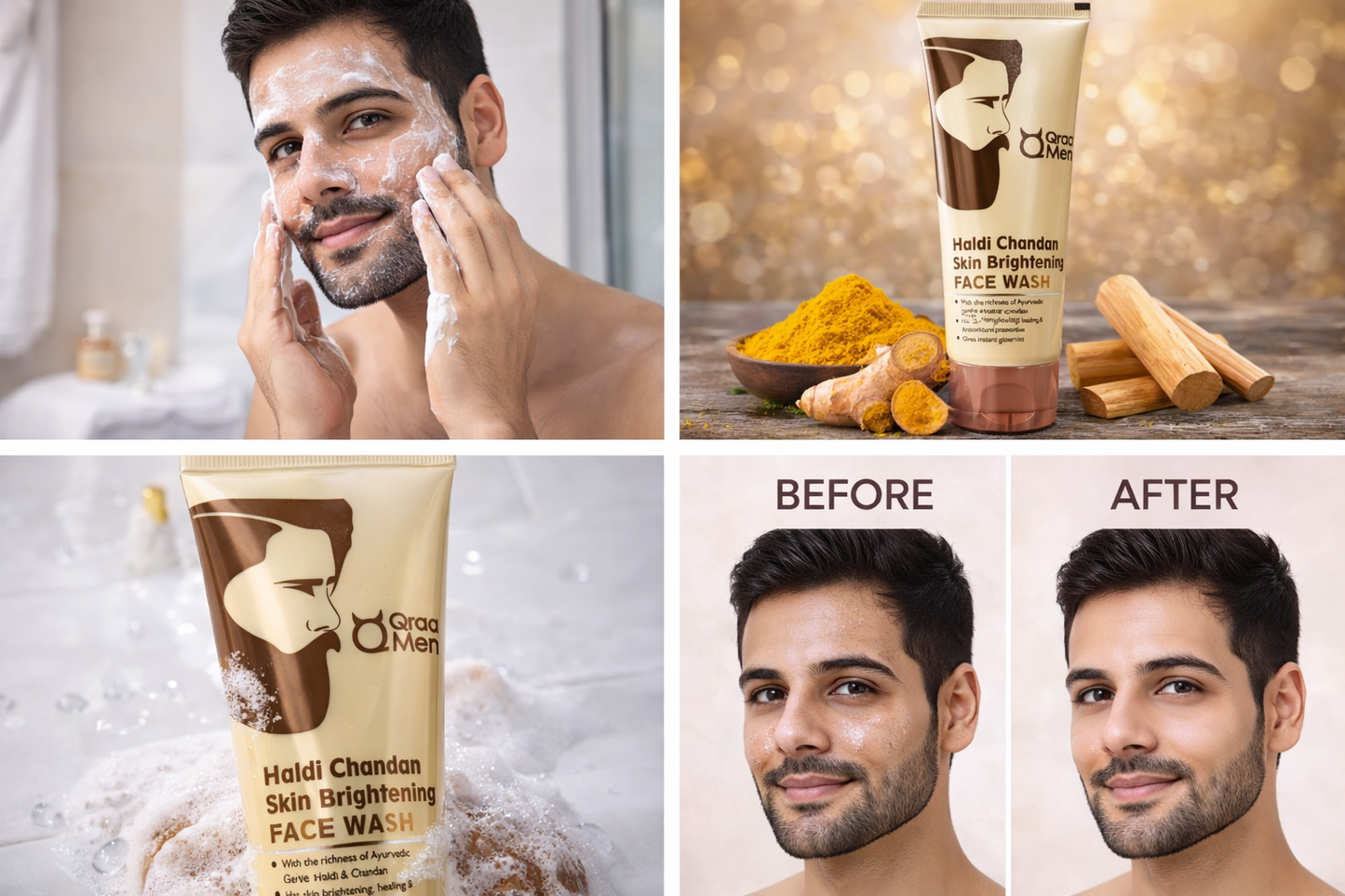 Qraa Men Haldi Chandan Skin Brightening Face Wash | Ayurvedic Turmeric Sandalwood Cleanser for Deep Cleansing & Instant Glow