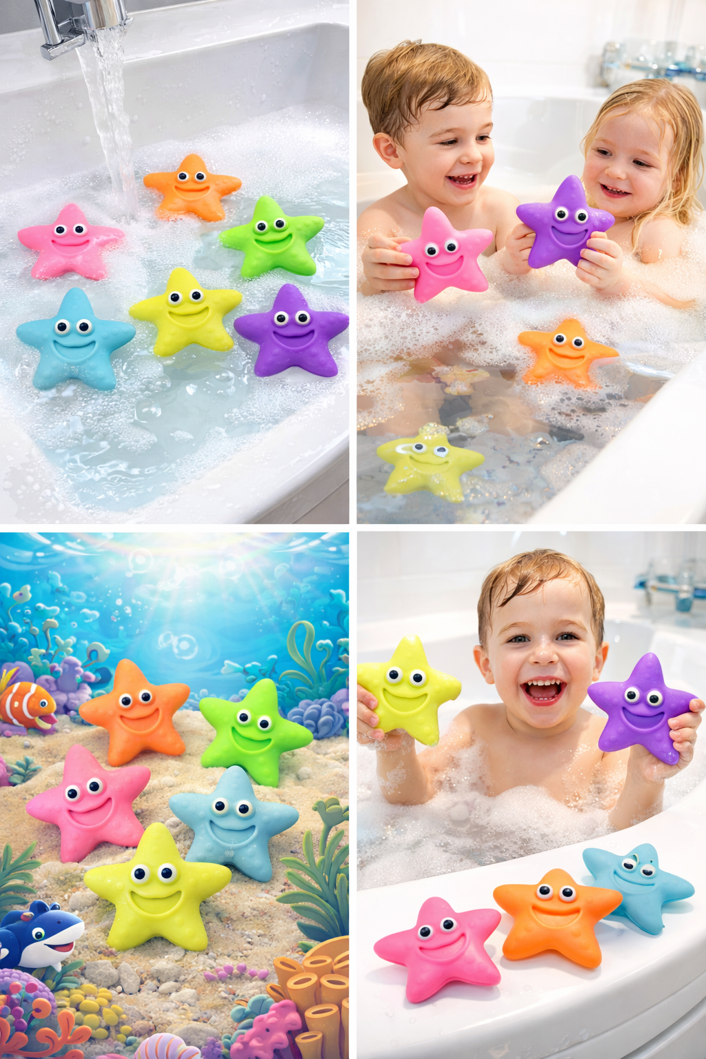 Starfish Bath Toys for Kids, Colorful Soft Rubber Bath Toy Set with Googly Eyes, Non-Toxic Water Play Toys for Toddlers and Babies