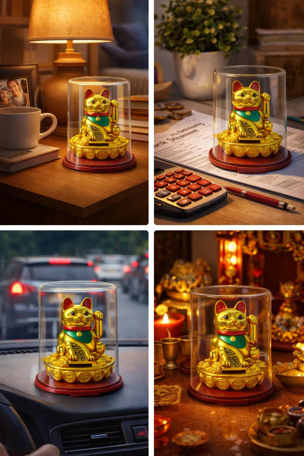 Lucky Maneki Neko Fortune Cat with Protective Dome | Golden Beckoning Cat for Wealth & Prosperity