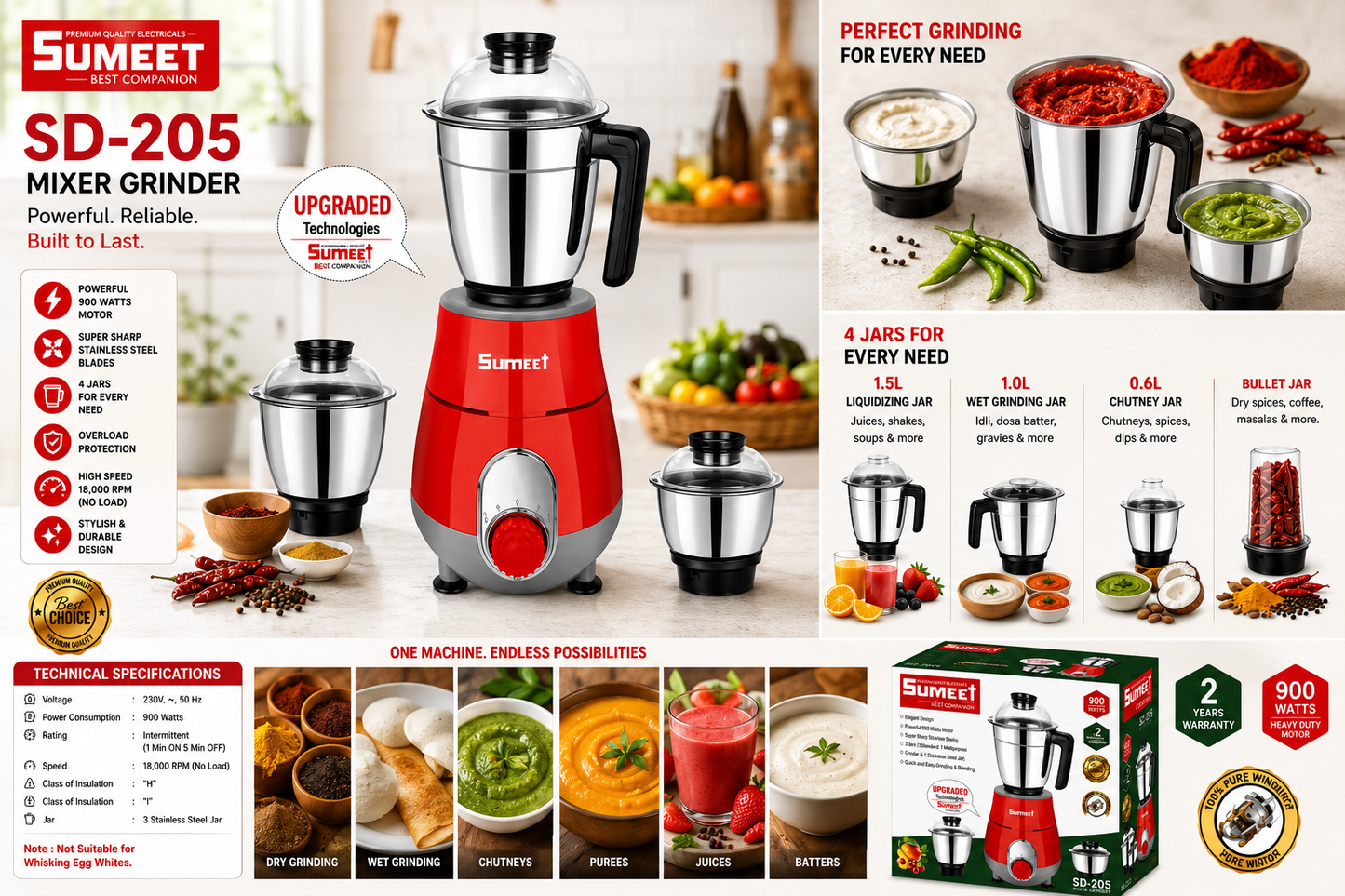 Sumeet SD-205 Mixer Grinder 900 Watts | 4 Jars Including Bullet Jar | Stainless Steel Jars | Heavy Duty Copper Motor | 3 Speed Control | Overload Protection | 2 Years Warranty