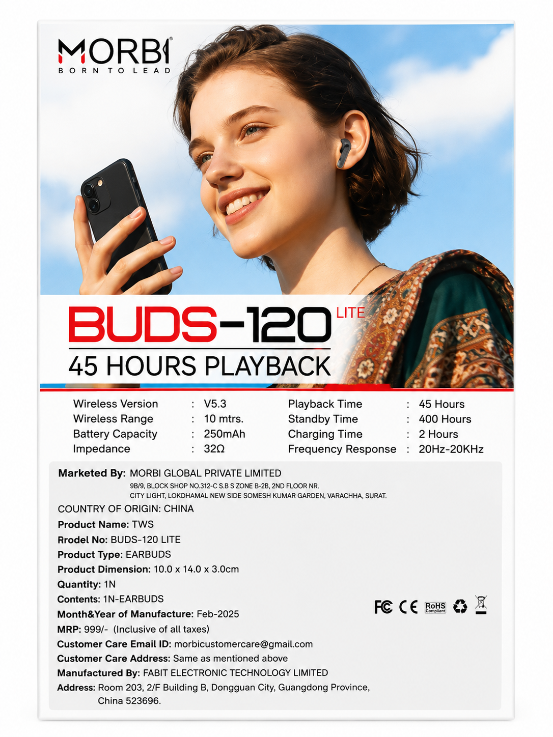 Morbi BUDS-120 LITE True Wireless Earbuds, 45 Hours Playback, Bluetooth 5.3, Deep Bass HD Sound, Clear Calls with Built-in Mic, Touch Control, Auto Pairing, Type-C Charging, Lightweight & Comfortable, Black