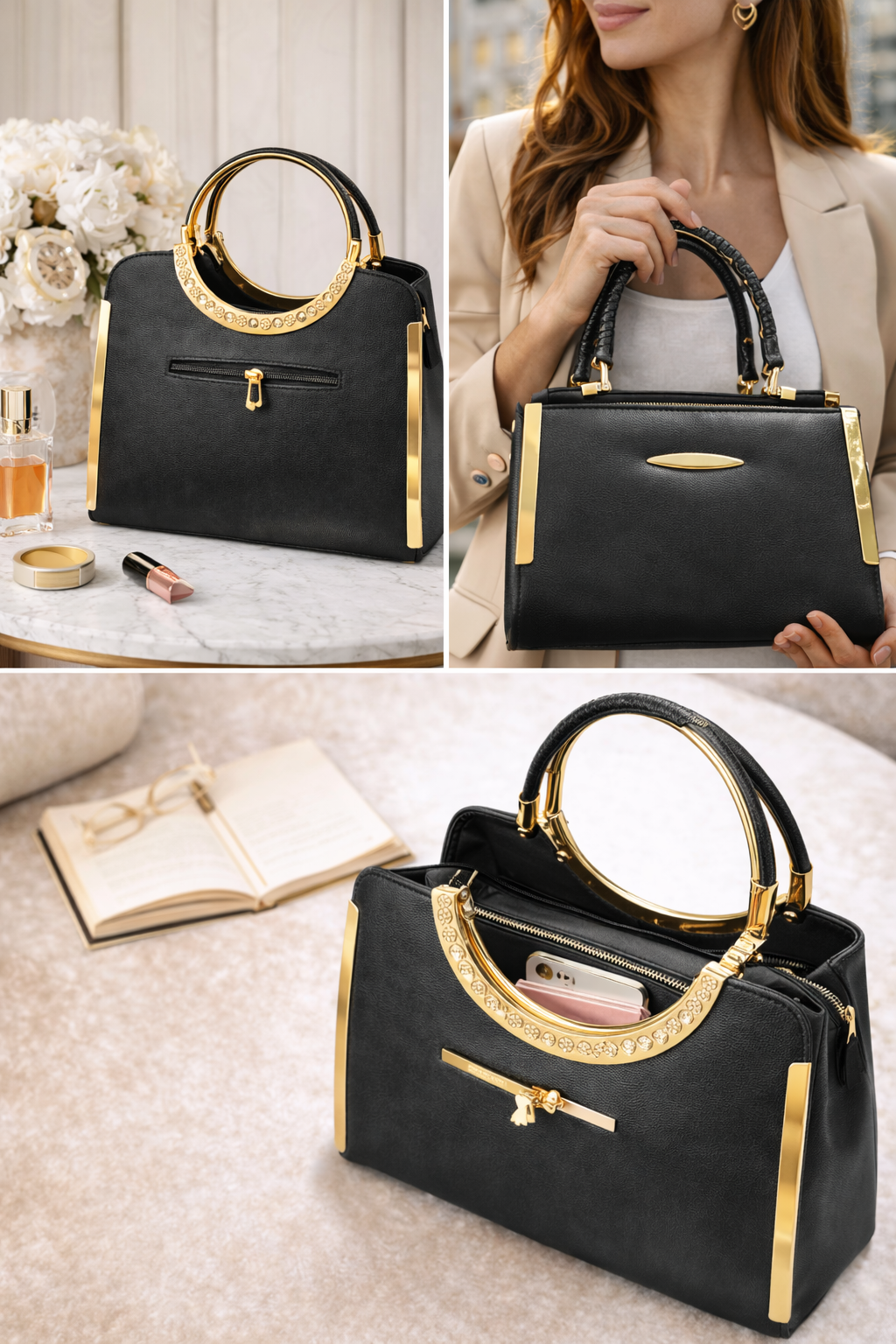 Harmal Store Women’s Luxury Faux Leather Handbag with Rhinestone Handle | Black Designer Top Handle Purse with Gold-Tone Hardware |