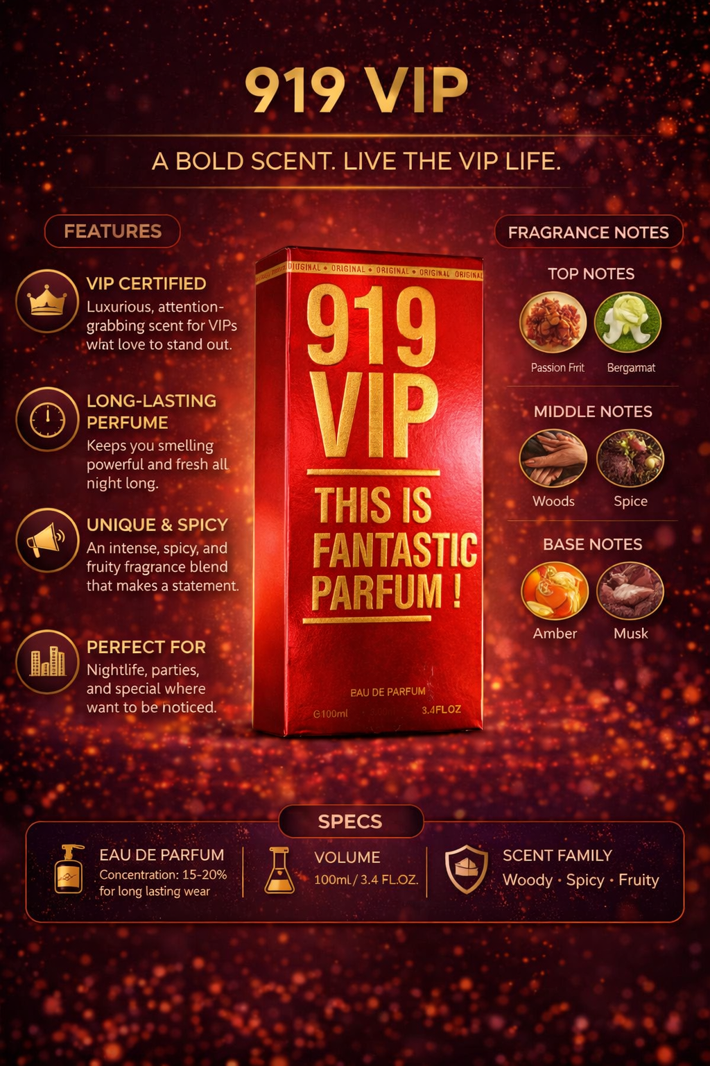 919 VIP Eau De Parfum for Men, Long-Lasting Woody Spicy Fruity Perfume with Amber & Musk Notes, 100ml