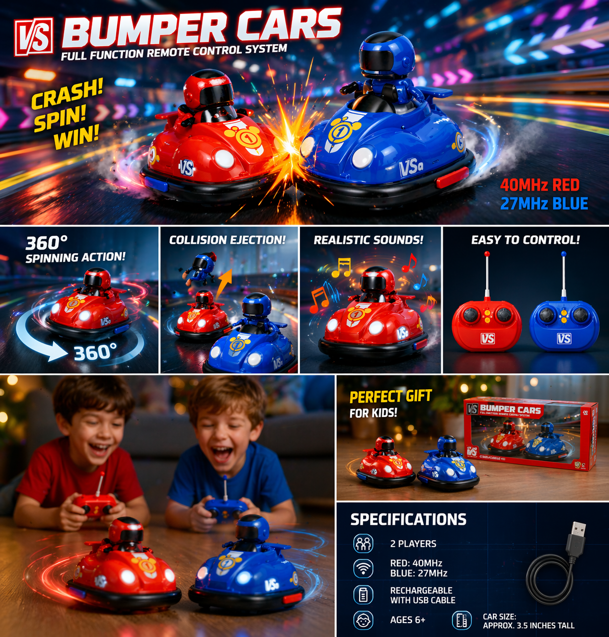 Remote Control Bumper Cars for Kids, 2 Player RC Battle Cars with Collision Ejection, 360° Spinning Action, Realistic Sounds, USB Rechargeable, Ages 6+
