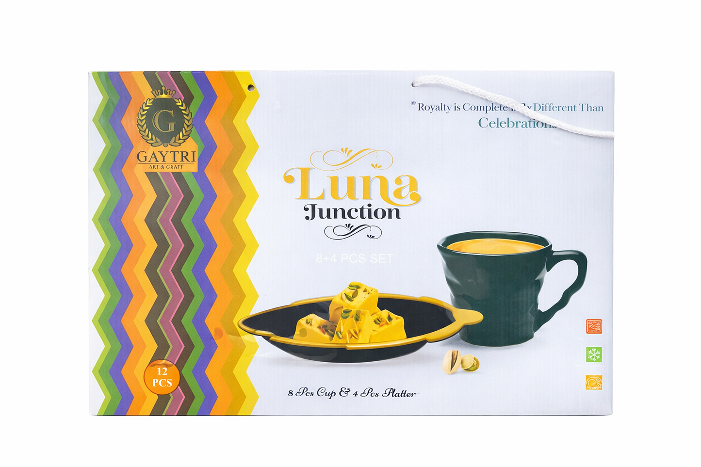 12-Piece Ceramic Cup & Platter Gift Set | 8 Coffee Cups + 4 Scalloped Serving Platters | Black & Gold Premium Design
