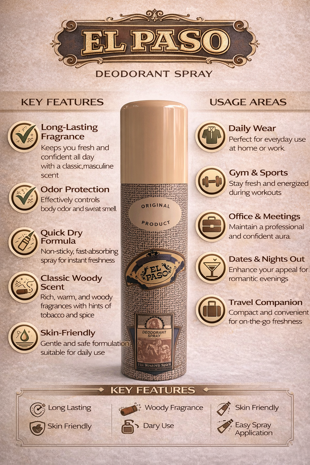 El Paso Deodorant Spray for Men, Long Lasting Woody Fragrance,