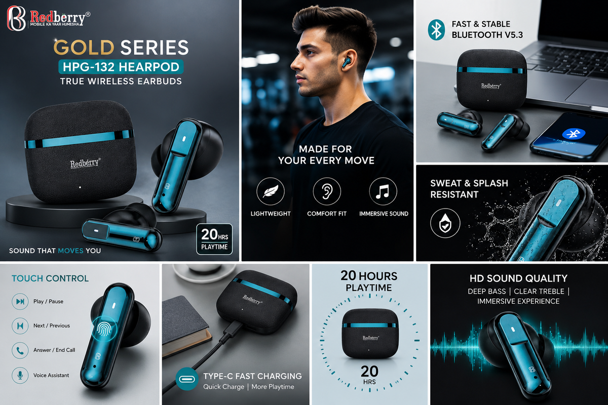 Redberry HPG-132 Gold Series True Wireless Earbuds, Bluetooth 5.3, ENC Noise Reduction, Touch Control, Deep Bass HD Sound, Type-C Charging, Up to 20 Hrs Playtime