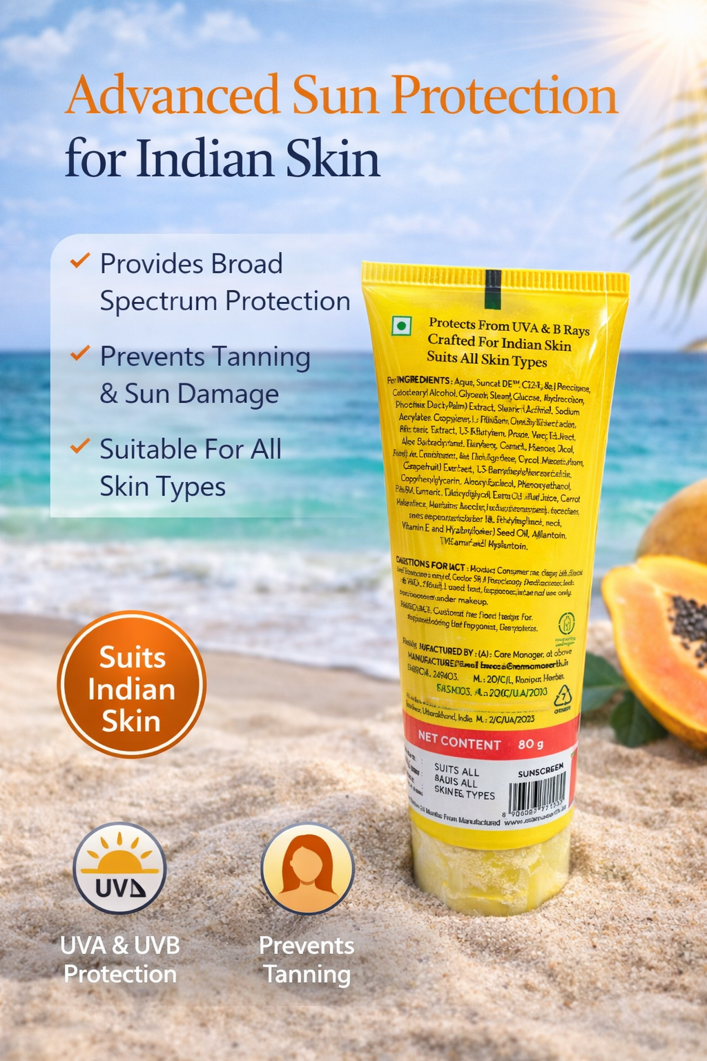 Advanced Sun Protection Sunscreen for Indian Skin, Broad Spectrum UVA/UVB Protection, Anti-Tan Daily Sunscreen for All Skin Types