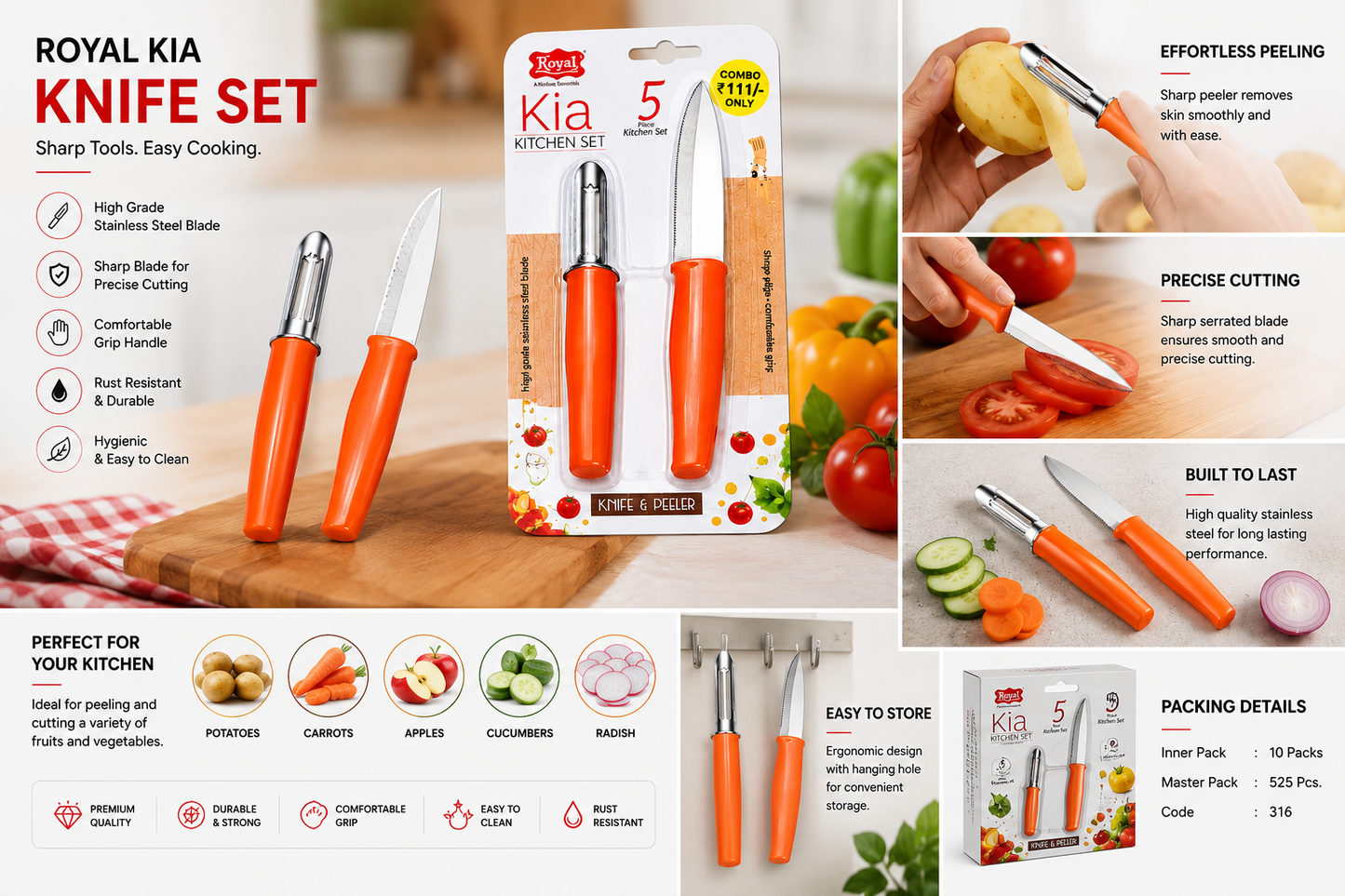 Royal Kia Knife Set with Peeler, 2 Piece Kitchen Knife & Vegetable Peeler Set, High Grade Stainless Steel Blade, Ergonomic Grip Handle, Rust Resistant, Multipurpose Fruit & Vegetable Cutter, Orange