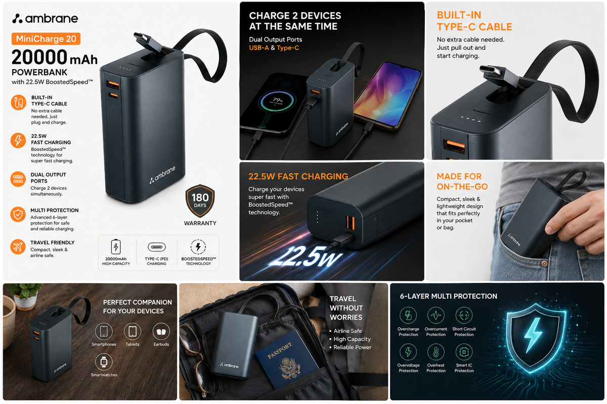 Ambrane MiniCharge 20 Power Bank 20000mAh with Built-in Type-C Cable, 22.5W Fast Charging, USB-A & USB-C Dual Output, Type-C PD Charging, Multi-Protection, Black & Grey