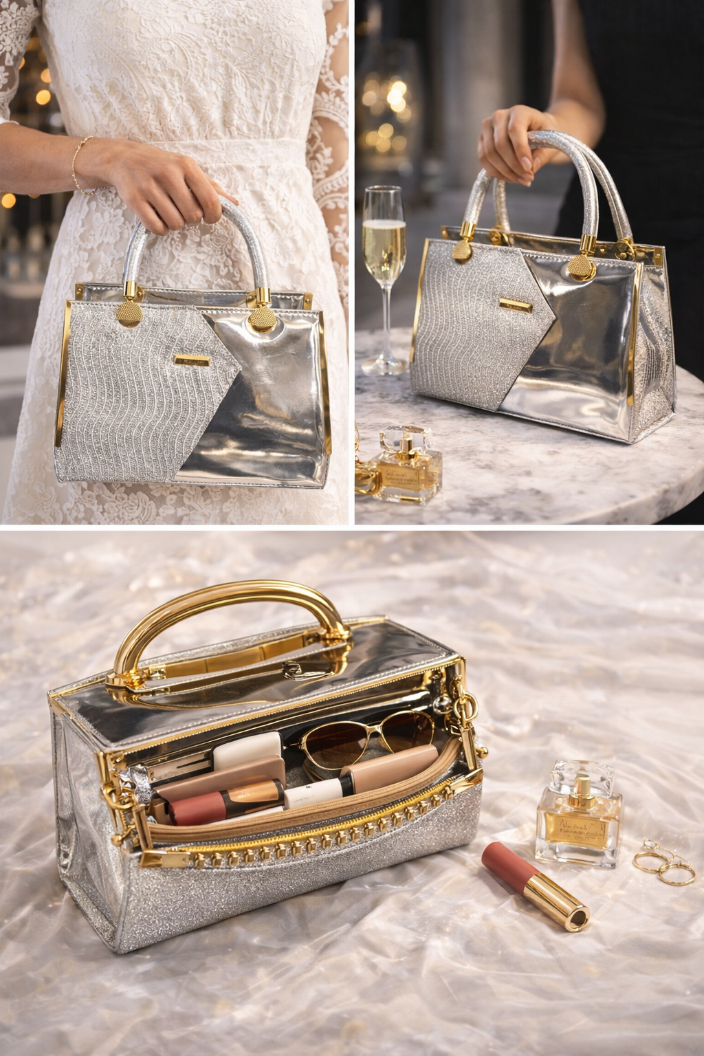 Premium Silver Dual Tone Handbag for Women | Metallic PU Leather Top Handle Purse with Gold Hardware