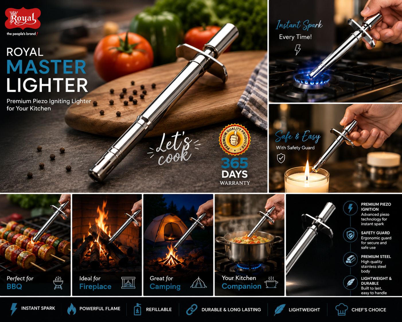Royal Master Gas Lighter, Stainless Steel Piezo Kitchen Gas Lighter with Jet Flame, Refillable Manual Gas Stove Lighter with Safety Guard for Kitchen, BBQ, Candle & Camping, Silver