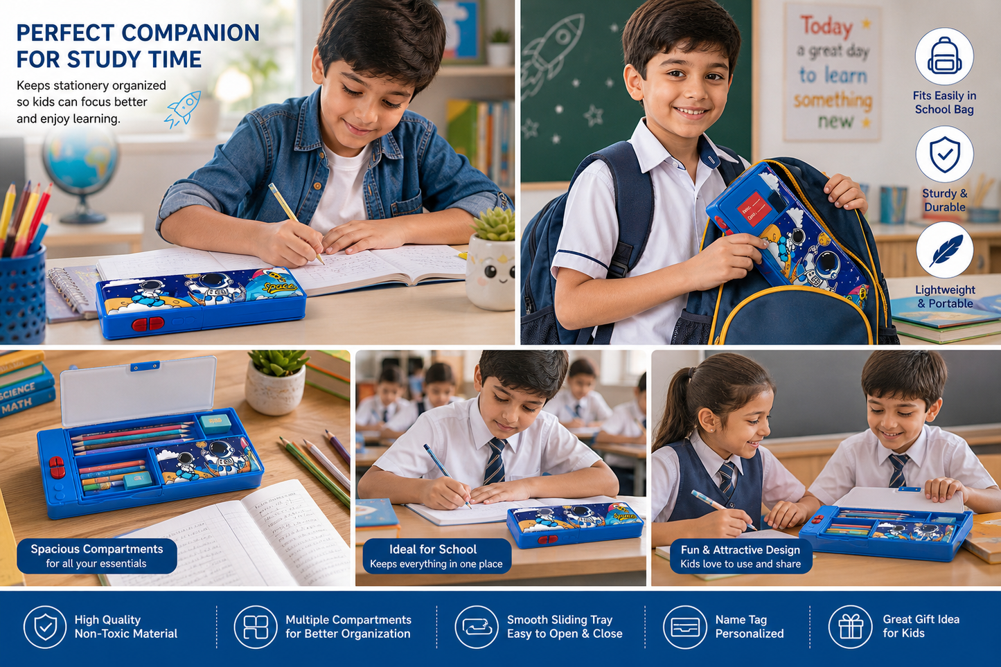 Space Astronaut Large Capacity Pencil Box for Boys – Multi-Compartment Stationery Organizer with Smooth Sliding Tray & Personalizable Name Tag