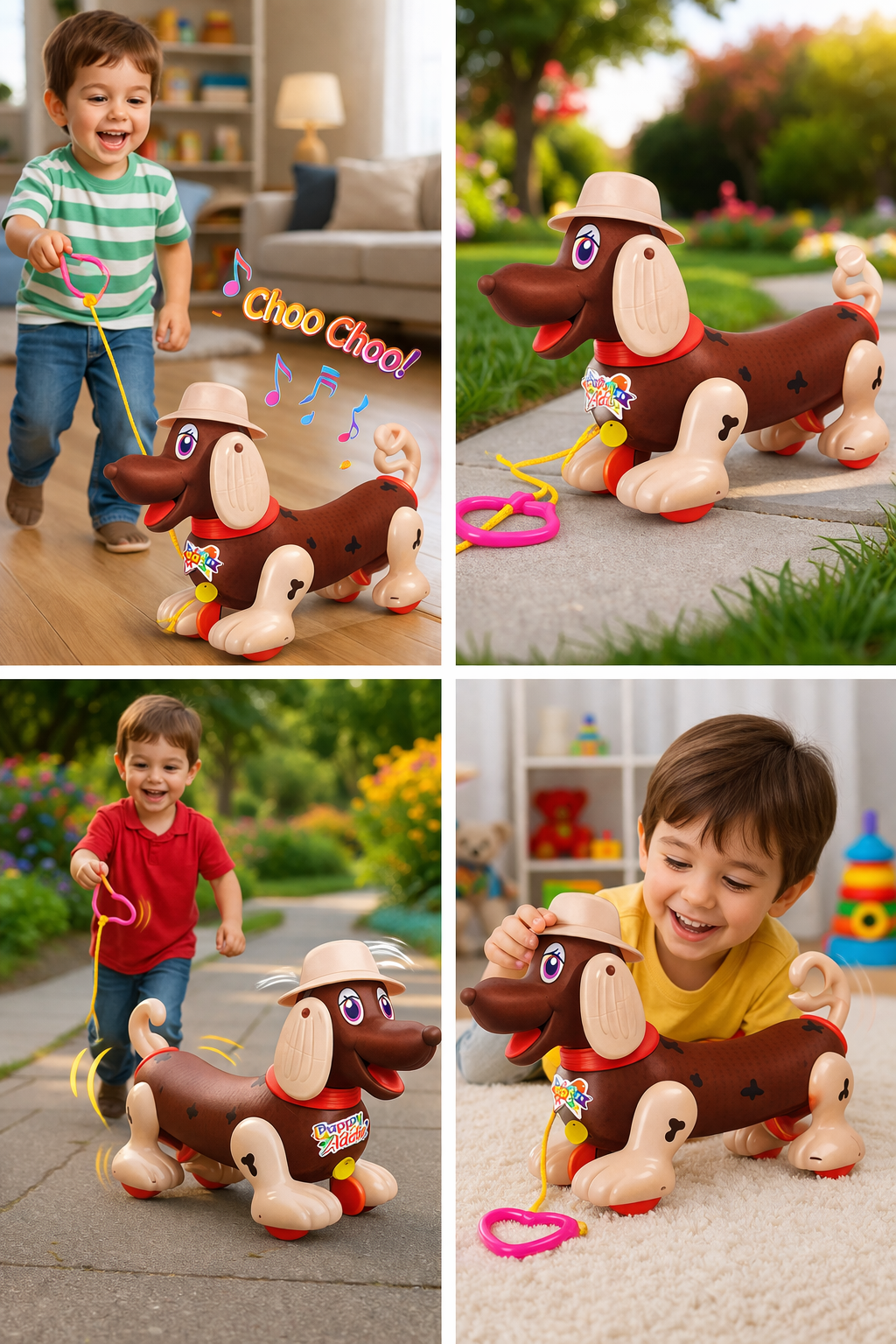 Addie Pull Along Puppy Toy for Kids (Age 1+) – Moving Head & Legs, Choo Choo Sound, Removable Hat, Safe & Durable Toddler Walking Toy