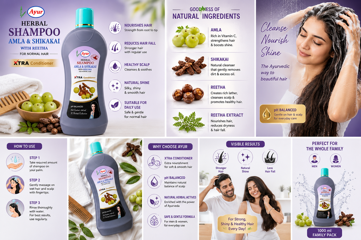 Ayur Herbal Shampoo Amla & Shikakai with Reetha, Xtra Conditioner, pH Balanced Herbal Shampoo for Normal Hair, Men & Women, 1000 ml