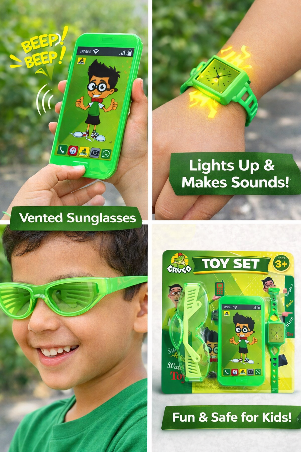 Kids Toy Smartphone Set with Watch & Sunglasses, Sound & Light Mobile Toy for Kids, Educational Role Play Toy Gift for Boys & Girls Age 3+ (Green)