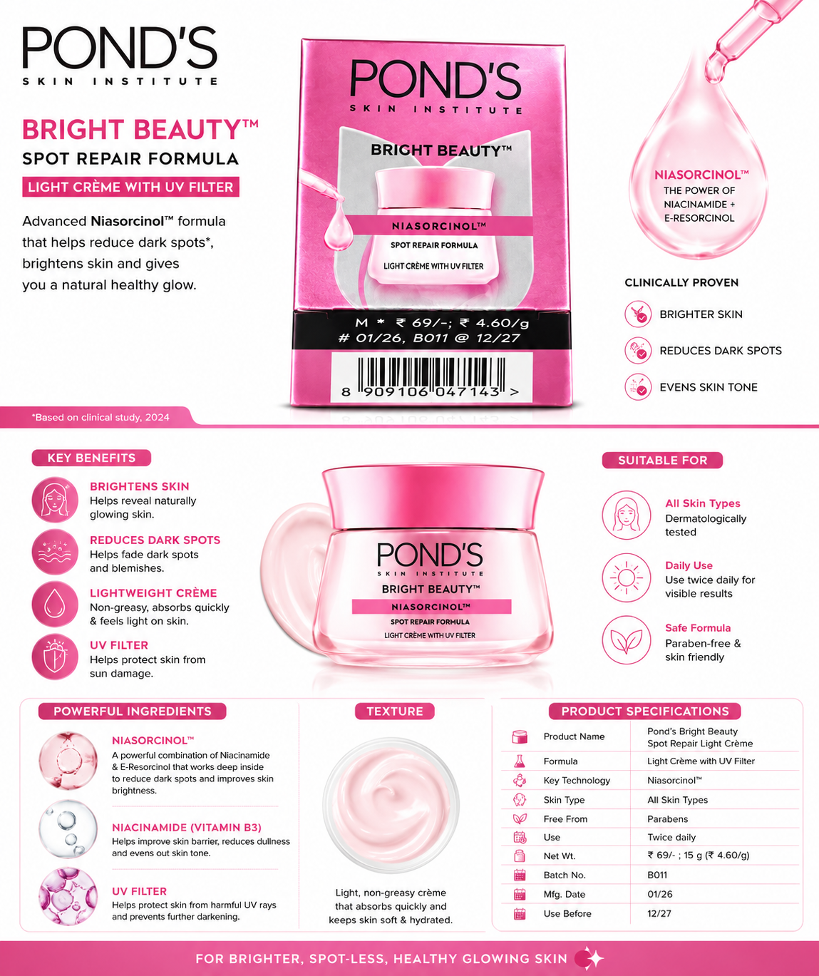 Pond's Bright Beauty Spot Repair Light Crème with UV Filter – Niacinamide Face Cream for Dark Spot Care, Skin Brightening & Daily Moisturization, 15g