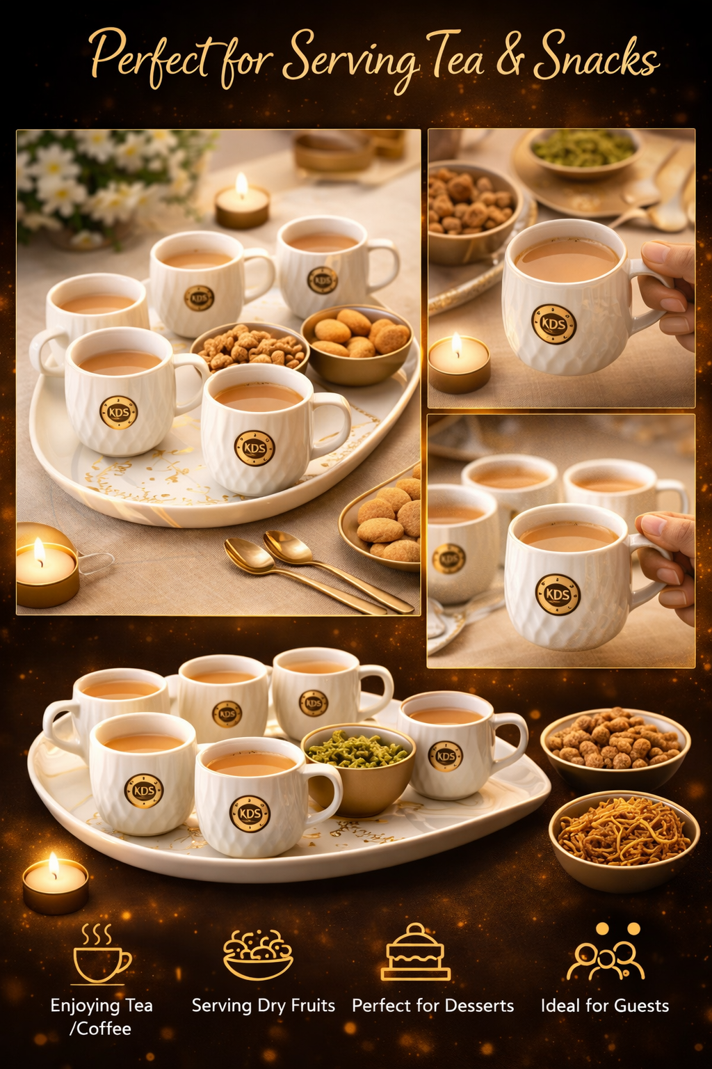 Premium Tea Cup Set with Serving Tray (7 Pieces) – 6 Designer Coffee Cups + Tray
