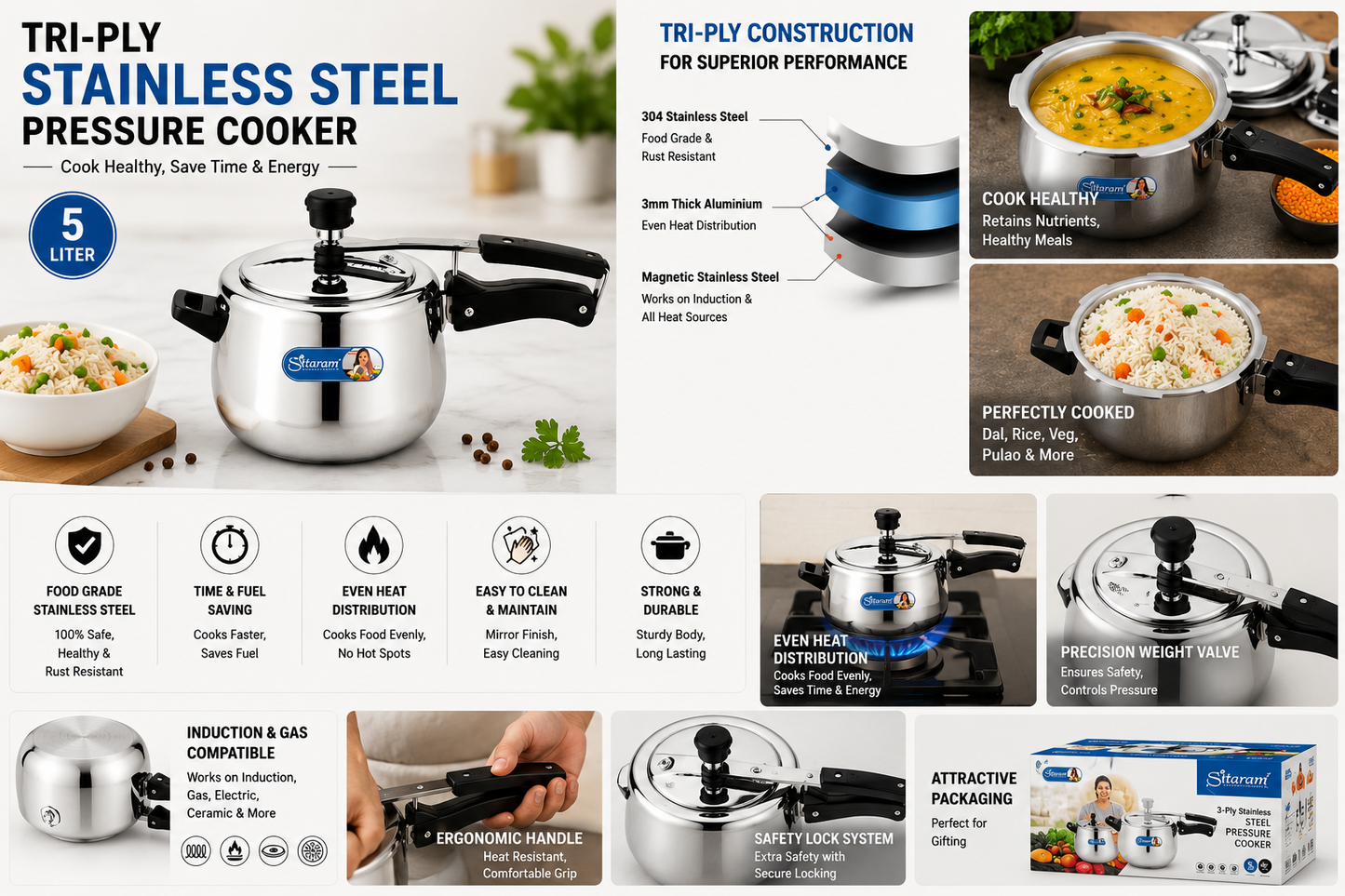 Sitaram Tri-Ply Stainless Steel Pressure Cooker 5 Litre | 304 Food Grade Stainless Steel | Induction & Gas Compatible | 3-Layer Base | Heavy Duty Cooker