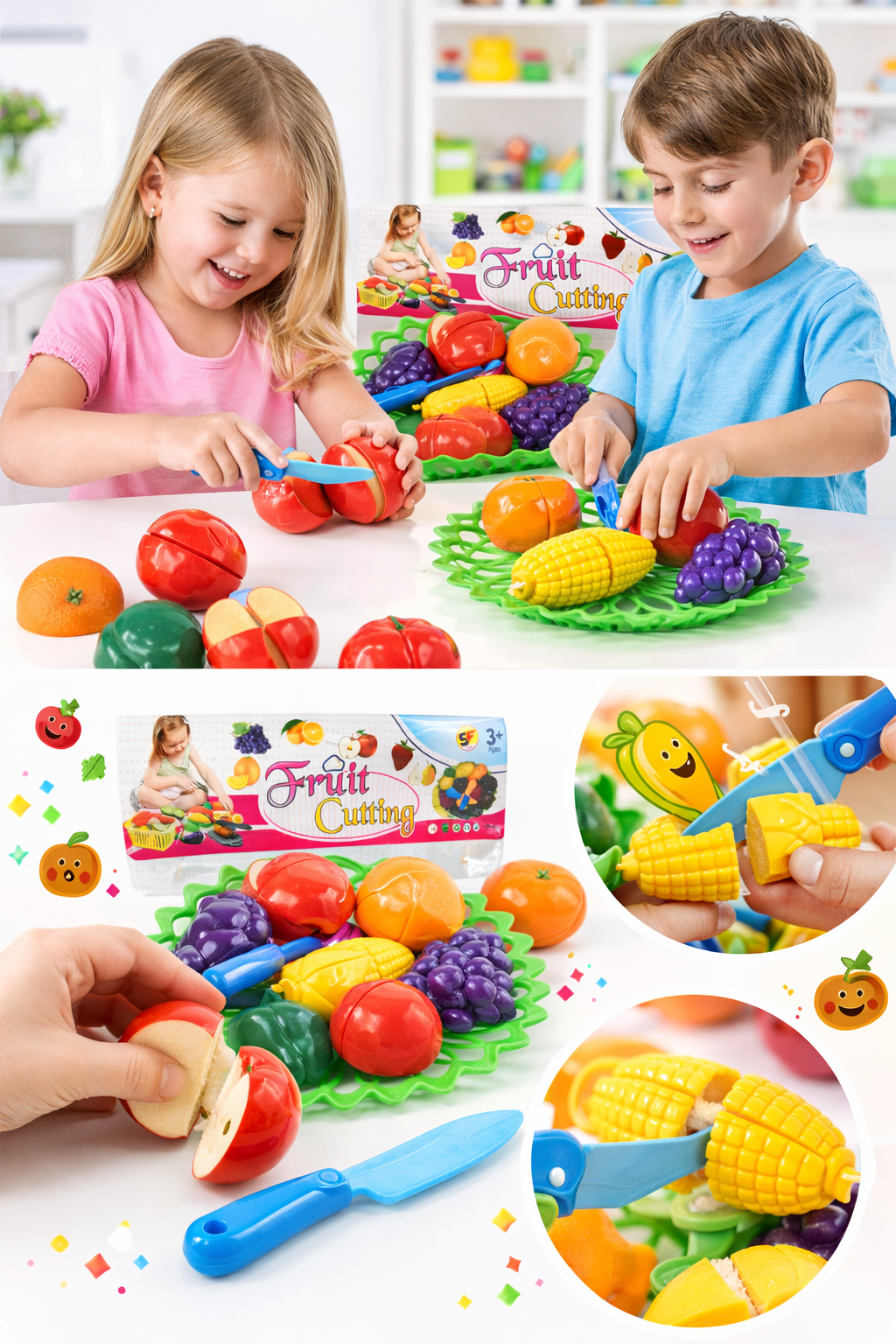 Fruit Cutting Toy Set for Kids, 7-Piece Pretend Play Food Set with Plastic Knife & Velcro Cuttable Fruits, Educational Kitchen Toy for Boys & Girls (3+ Years)