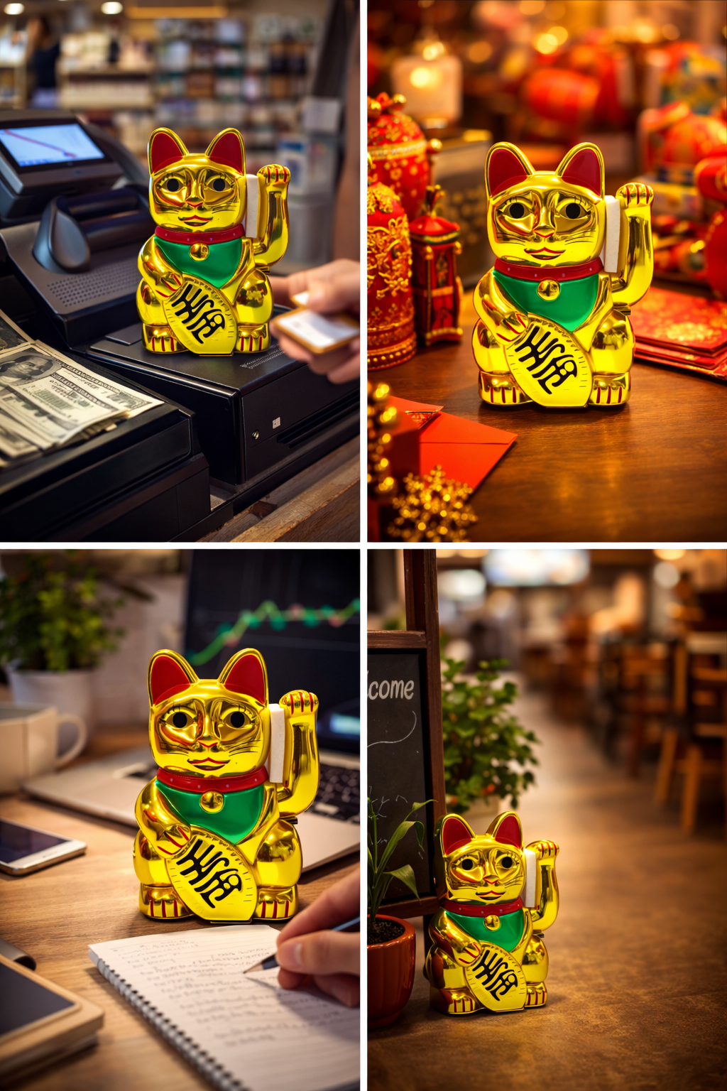 Maneki Neko Lucky Cat Statue | Waving Fortune Cat with Gold Coin