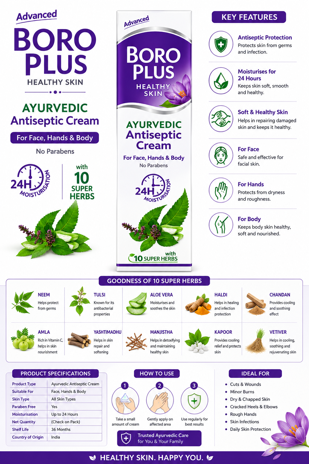 BORO PLUS Advanced Ayurvedic Antiseptic Cream | For Face, Hands & Body | With 10 Super Herbs | 24 Hour Moisturization | Paraben Free | For Dry & Rough Skin