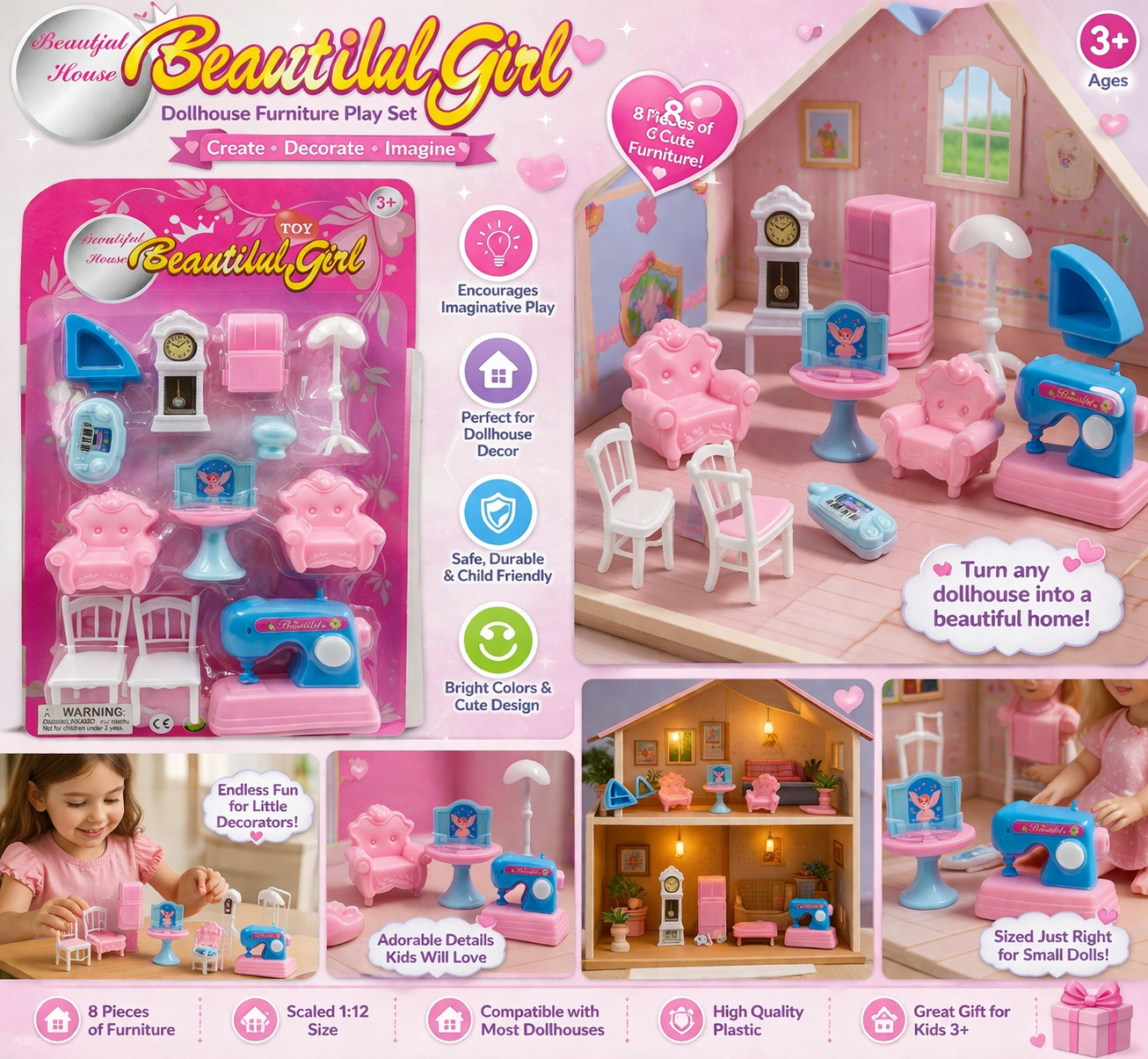 Mini Dollhouse Furniture Set for Kids (3+ Years) ā 8 Pieces 1:12 Scale Miniature Furniture, Cute Dollhouse Accessories Set for Girls
