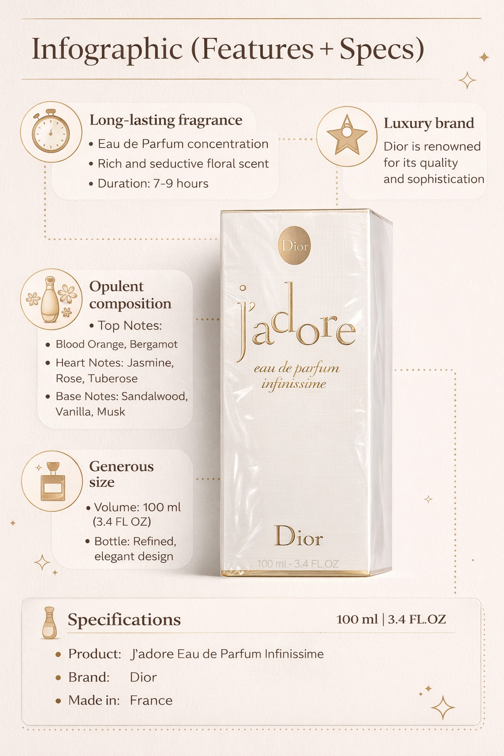 J’adore Eau de Parfum Infinissime 100ml – Long Lasting Floral Luxury Perfume for Women – Premium Fragrance with Jasmine, Rose & Vanilla Notes – Elegant Designer Perfume Made in France