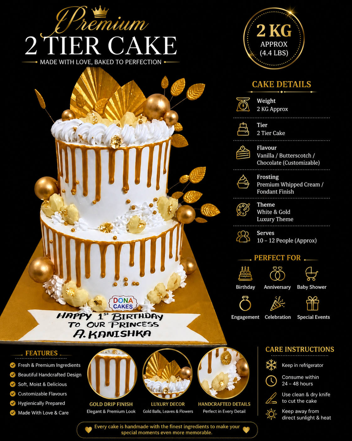 Premium 2 Tier Birthday Cake 2 Kg | White & Gold Luxury Designer Cake | Custom Celebration Cake | Anniversary, Engagement & Baby Shower Cake | Personalized Party Cake