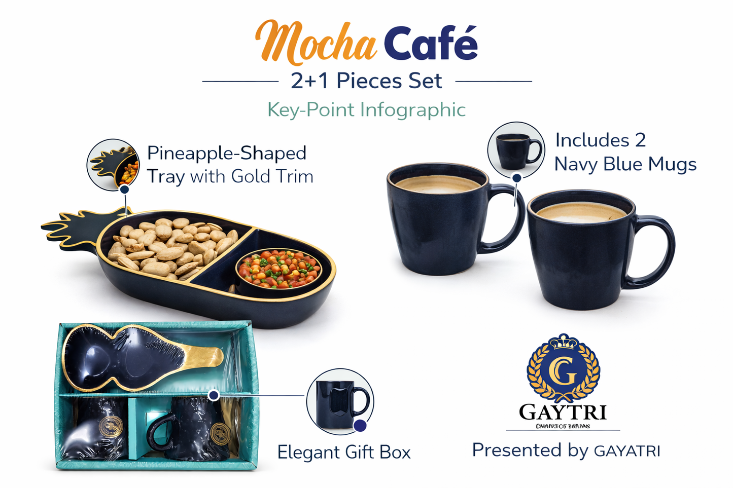 Mocha Café 3-Piece Coffee Serving Set with Pineapple Tray & 2 Navy Blue Ceramic Mugs
